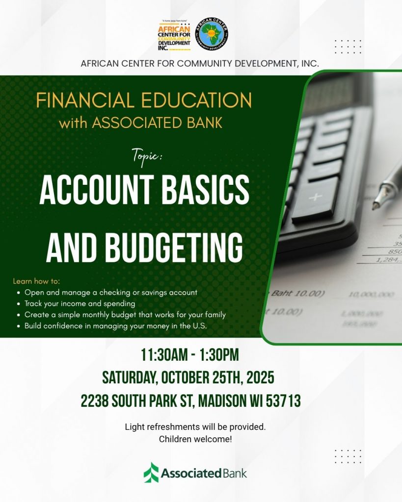 African Center and Associated Bank Community Financial Education Workshop flyer